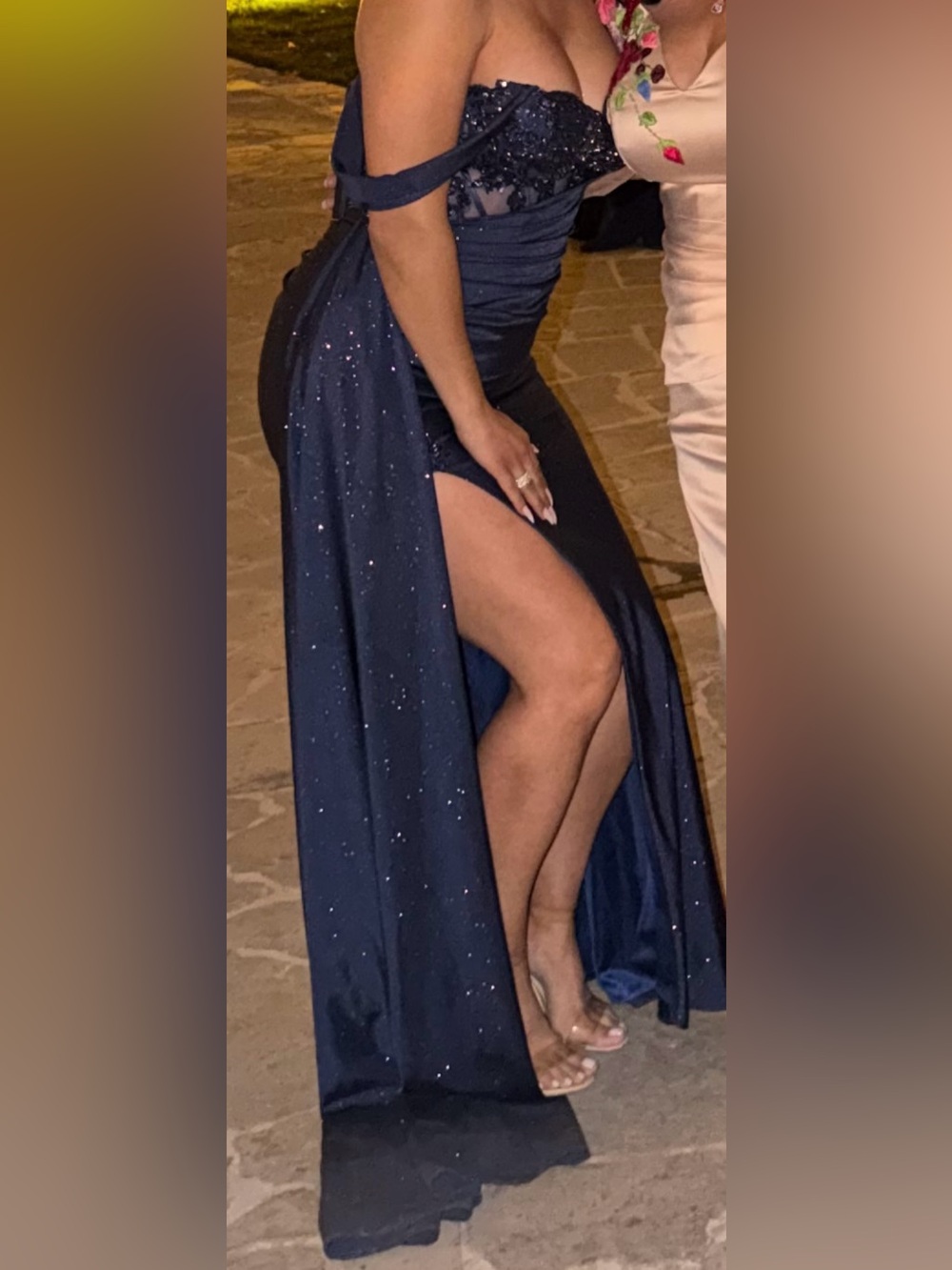 Navy Sparkle High-Slit Evening Gown